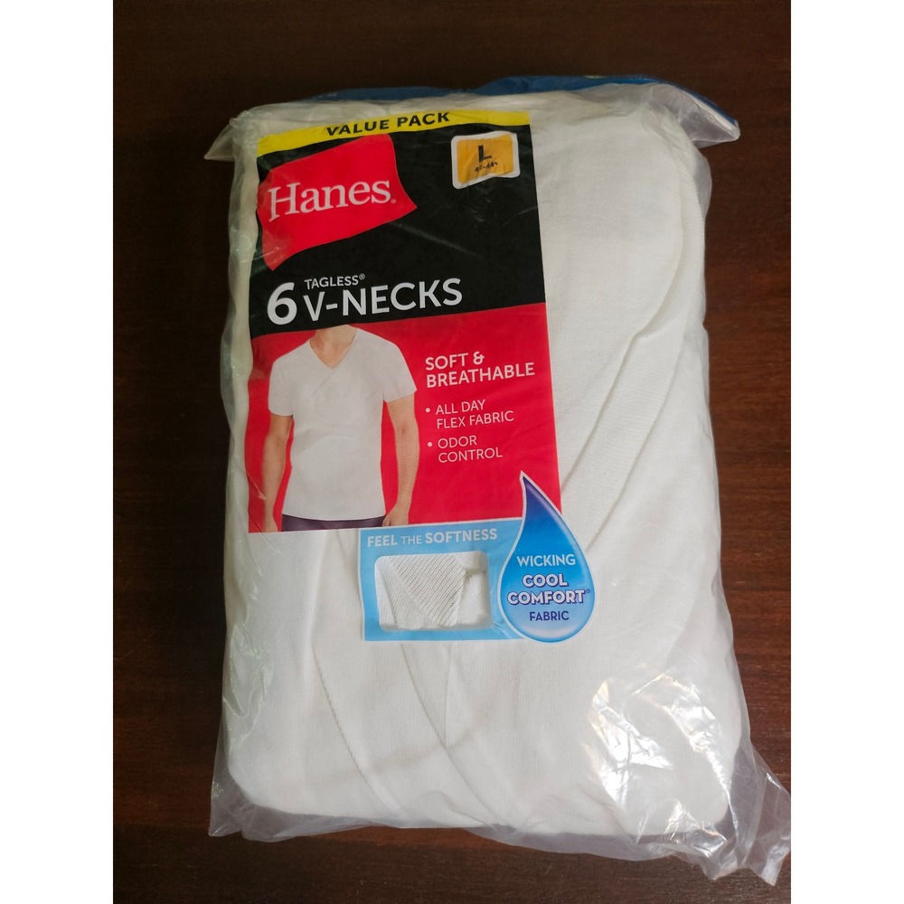 Hanes V-Neck Undershirts Mens Large White 6-Pack Tagless Cotton Tee